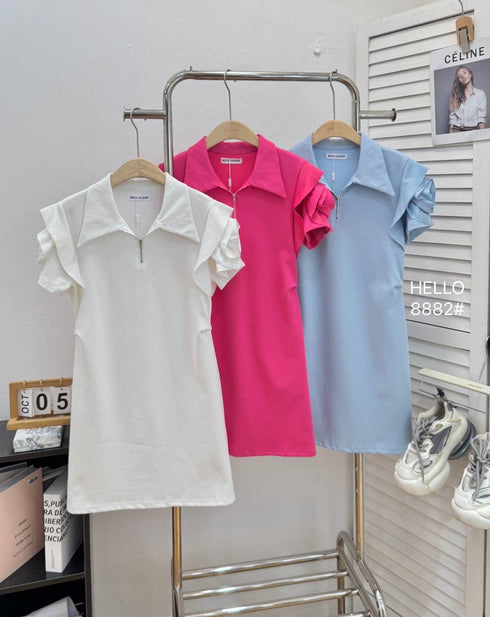Zipper Collar Down Rose Decor Short Sleeves Mini Dress